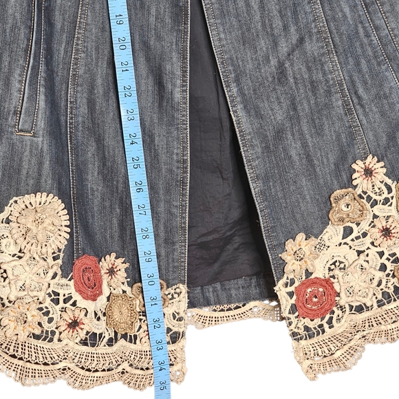 CHICO'S Denim Open Jacket Kimono Women's Floral Embroidered Blue Lace Size 8 - Picture 4 of 11